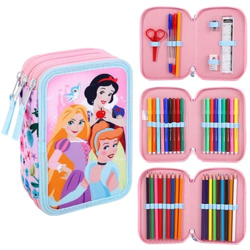 Image of Disney Princess 3 Tier Large Pencil Case Multi Compartment School Supplies Stationery Colouring Pens Pencils Sets