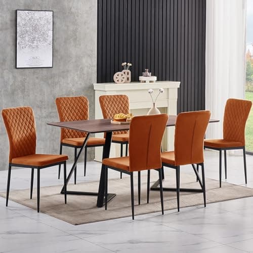 Image of JaHECOME Dining Room Sets Dining Table Set of 6 Velvet Dining Chairs 150 x 85 x 74 cm Heavy Duty Metal Frame for Kitchen Living Room,Oak Table & Orange Chairs