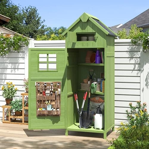 Image of Aoxun Wooden Shed, Outdoor Storage Cabinet with 2 Shelves and Roof Hatch, Small Garden Shed with Asphalt Roof, Window and Door Latch, 76 x 54.2 x 173 cm, Green
