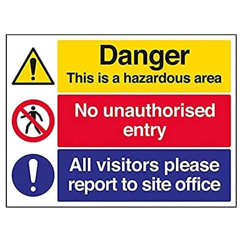 Image of VSafety Hazardous Area/No Unauthorised Entry/Report To Site Office Warning Sign - Landscape - 400mm x 300mm - 1mm Rigid Plastic