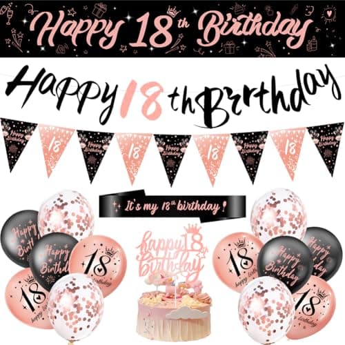 Image of Sunflower-boom Rosegold 18th Birthday Decorations, Banner Balloons Bunting Sash Triangle Flags Ribbon and Cake Toppers Happy 18 Years Old Birthday Party Decoration