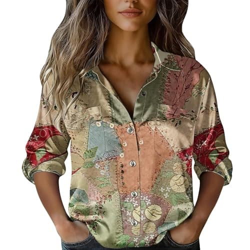 Image of HUIFUAO Satin Boho Shirts Women 3/4 Sleeve Button Down Ethnic Style Silk Blouse Vintage Floral Print Bohemian Shirt Casual Loose Summer Holiday Vacation Tops with Pockets (Mint Green, S)
