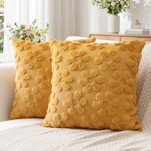 Image of Artscope Spring Summer Cushion Covers Set of 2 Flowers Throw Pillow Covers for Sofa 45x45cm Square Seasonal Soft Plush Short Wool Velvet Cushion Case Holiday Decor Mustard Yellow
