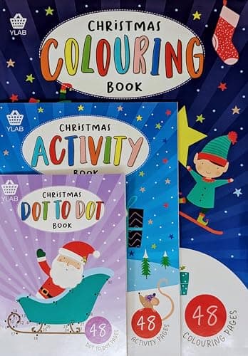 Image of Christmas Activity Book Set for Kids – 3 Pack – Colouring Book (A4), Dot to Dot & Puzzle Book – 48 Pages Each – Recycled Paper – Festive Activity Fun – Ideal Stocking Filler