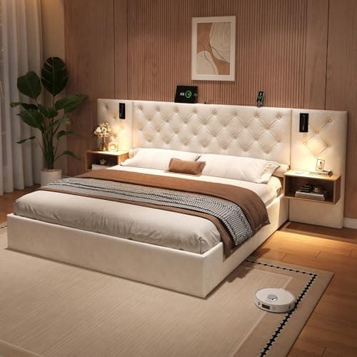 Image of 5ft King Size Upholstered Bed Frame with Hydraulic Lift, Wide Headboard with Charging Station&Reading Light&Bedside Storage, Velvet Gas Lift Functional Ottoman Storage Bed with Slat, No Mattress,Beige