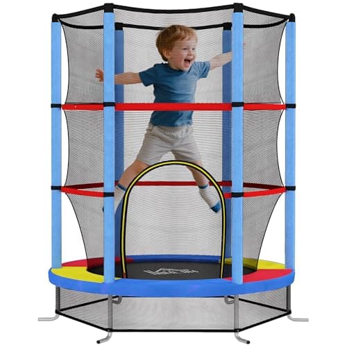 Image of HOMCOM 4.6FT Kids Trampoline for Toddlers Indoor w/Enclosure Net, Steel Frame, for Ages 3-6 Years - Multicoloured
