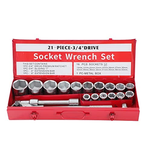 Image of KATSU Socket Wrench Set 3/4 Inch 21PCs,19-50mm Metric 6-Point Hex Drive with 24-Teeth Ratchet Wrench in Steel Case, Mechanic Tool Set, for DIY Garage Auto Car Repair (Budget)