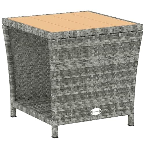 Image of Outsunny 2-Tier PE Rattan Side Table with Storage Shelf, Square Outdoor Coffee Table with PS Wood Slat Top, UV-Resistant for Patio, Garden, Balcony, Light Grey