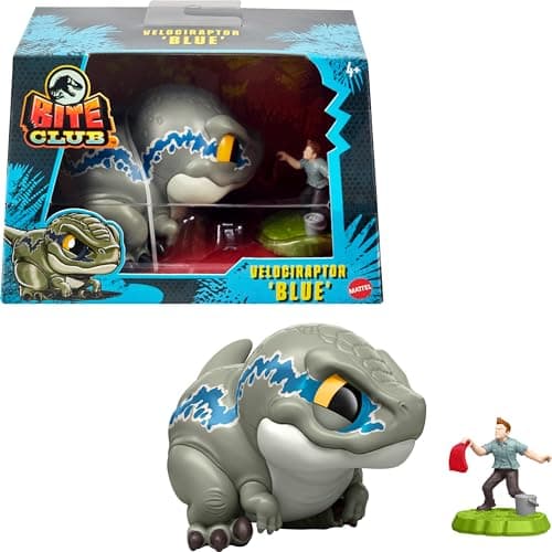 Image of Mattel ​Jurassic World Bite Club Collectible Figure, Velociraptor 'Blue' Chubby Stylized Dinosaur Approx 4-Inch Figure with Accessory​ (HVB37)