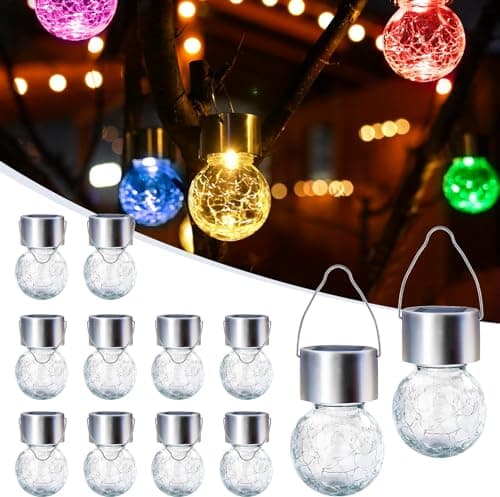 Image of GIGALUMI 12 Pack Solar Outdoor Lights, Solar Hanging Lights for Christmas Decoration-Cracked Glass Solar Lights Outdoor Waterproof for Garden, Yard, Fence, Tree(Color Changing)