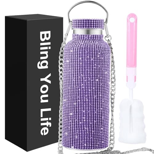 Image of Bling Water Bottle Rhinestone,Diamond Cup,Glitter Stainless Steel Thermal Bottle with 55In Chain,Sparkly Gifts for Girls Women,Rhinestone Tumbler for Anniversary,Birthday (Purple)
