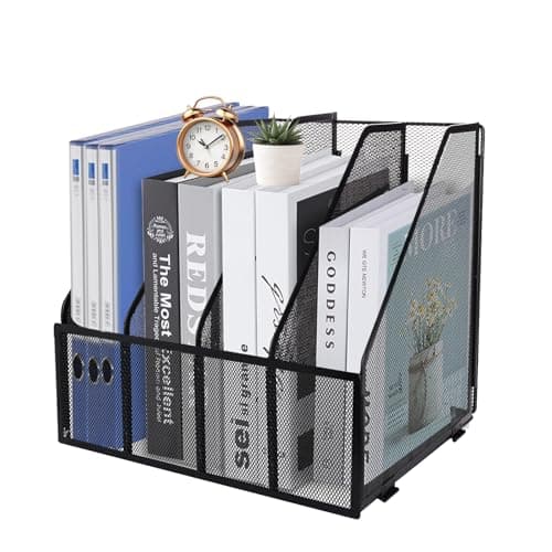 Image of HMXLJJY Mesh Metal A4 Magazine File Holder, Desktop 4 Sections Document Holder Office File Storage Rack for Desk Tidy, Paper Organiser Filing Rack,4 Compartments,(Black)