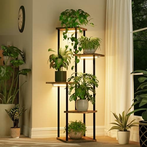 Image of Bamworld Tall Plant Stand with Grow Light Corner Plant Stand for Indoor Plants 5 Tier Metal Wood Corner Shelf with Lights for Living Room Bedroom Patio Garden Balcony Decor