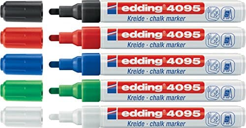 Image of Edding Set of 5 Window Markers and Chalk 2-3mm Black Blue Red Green White 4095