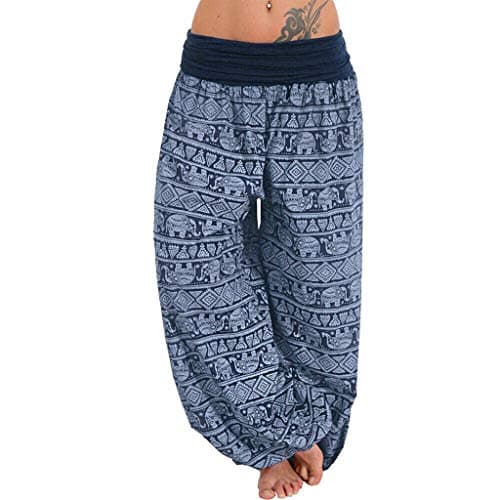 Image of Ladies Loose Casual High Waist Wide Leg Plus Size Trousers Womens Italian Lagenlook Floral Print Pants Women's Viscose Boho Harem Ali Baba Trouser Pants Joggers Navy
