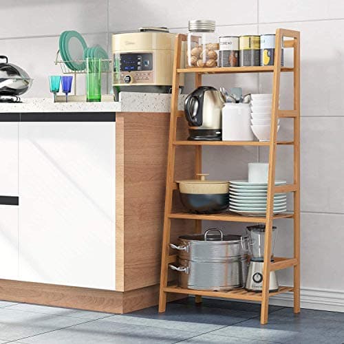 Image of RAXTER 4 Tier Ladder Shelf Unit Bamboo Storage Shelves Bookcase Stand Shelves Plant Stand 115x48x32cm