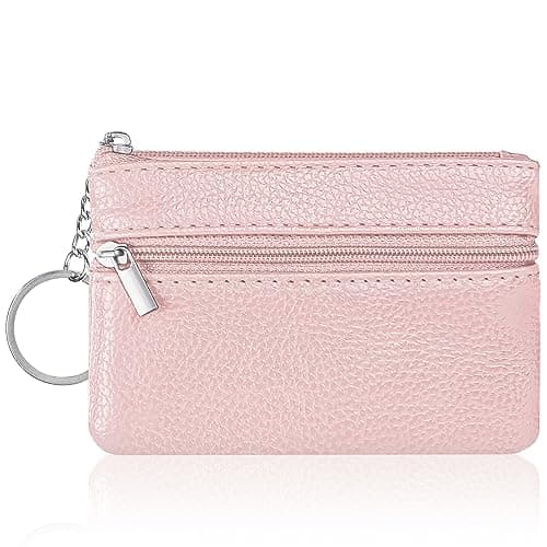 Image of Aucuu Coin Purse Leather Zipper Wallet Card Holder Key Case Women Mini Wallet, with 3 Compartments & Keychain, Small & Lightweight, Easy to Carry, 12 * 8 CM,Light Pink