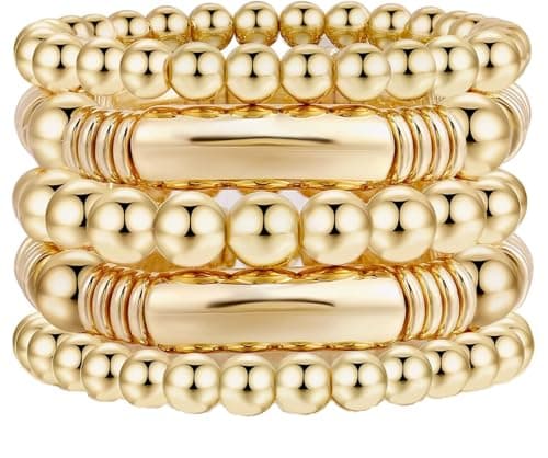 Image of CYWQ Women's Chunky Curved Stacking Gold Bead Ball Bracelets - Stretchable Gold Bracelets