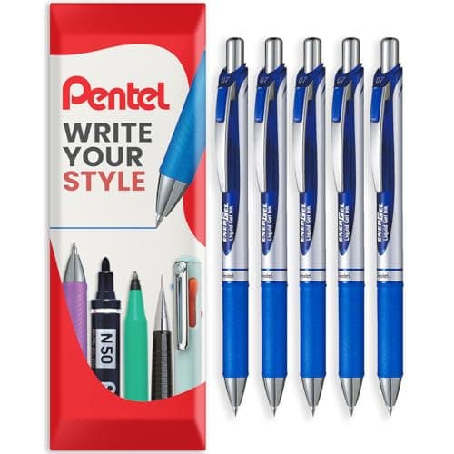 Image of Pentel EnerGel XM BL77 - Retractable Liquid Gel Ink Pen - 0.7mm - 54% Recycled - In Envelope Gift Packaging (Blue Pack of 5)