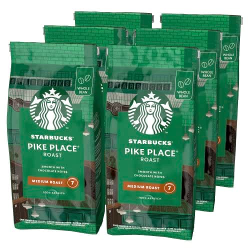 Image of STARBUCKS Pike Place Roast, Medium Roast, Whole Bean Coffee 200g (Pack of 6)