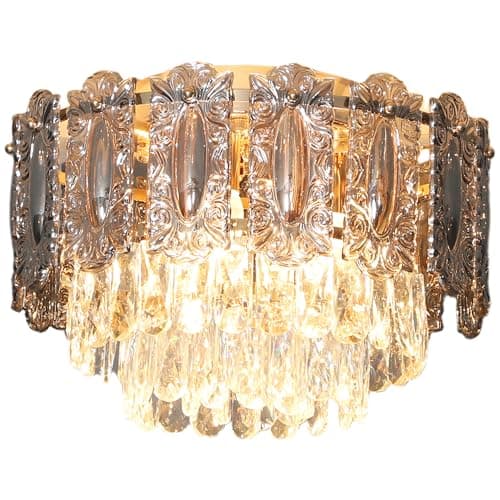 Image of HOMCOM Chandelier Ceiling Light, 3-Light Flush Mount Fixture with Dual Crystal and Smoke Glass Shade, 40 cm LED Ceiling Light for Living Room Bedroom, 3 E14 Sockets, Bulbs Not Included, Gold Tone