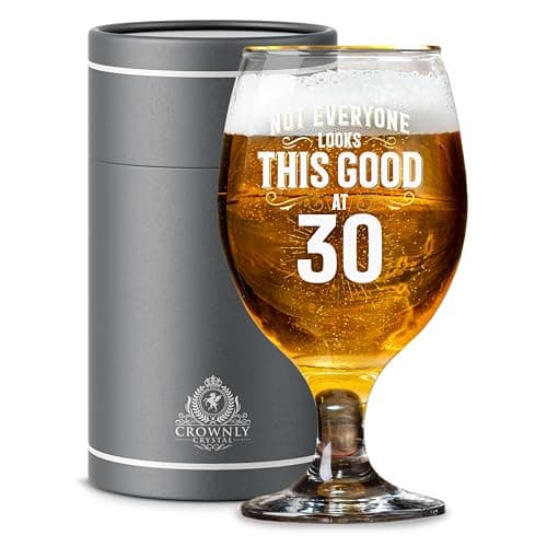 Image of CROWNLY CRYSTAL® Personalised Beer Glass 30th Birthday Gift for Men Great for Husband Brother or Friend Stylish Birthday Keepsake