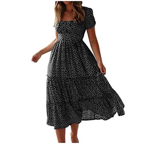 Image of Women Summer Beach Dress Boho Casual Square Neck Dresses Floral Print Loose Holiday Sundress Ladies Elegant Short Sleeve Dresses A-line Swing Flowy Midi Dress UK Black