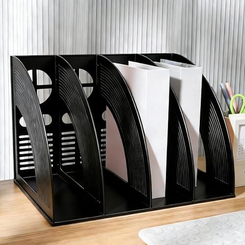 Image of Vurixfo A4 File Holder, 4 Sections Magazine File Folder Desk Organizer Plastic Desk Files Organiser Black Files Storage Folders Document Rack Vertical Magazine Rack for Office Storage and Organiser