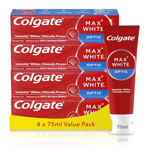 Image of Colgate Max White Optic Toothpaste 4X75ml - Teeth Whitening Toothpaste - Clinically Proven Formula - Removes up to 100% of Surface Stains - Optic Brighteners Instantly Whiten Teeth