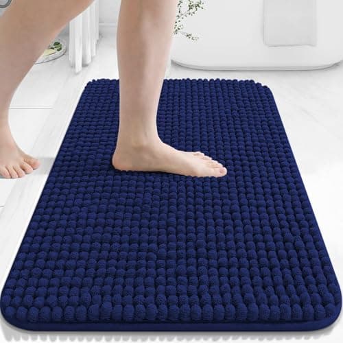 Image of Homaxy Thick Soft Fluffy Bath Mat, Chenille Absorbent Bathroom Mat, Non Slip Bath Mats for Bathroom, Machine Washable Quick Drying Bath Rug, 41×61 cm, Navy Blue