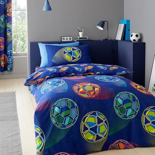 Image of Catherine Lansfield Bright Football Reversible Double Duvet Cover Set with Pillowcases Navy