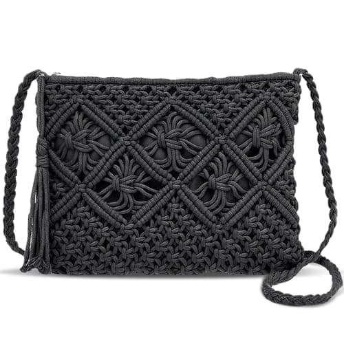 Image of HRCOYES Cross Body Bag for Women, Handwoven Crossbody Purse, Summer Beach Straw Messenger Bag, Woven Cotton Handmade Shoulder Handbag (white) (black)