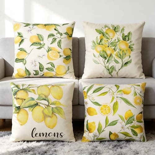 Image of Hejo 4 Pack Lemon Cushion Covers, Summer Cushion Covers with Invisible Zipper, Double-Sided Lemon Print Garden Cushion Covers – Soft Polyester Square Pillow Cases for Sofa, Bedroom, Patio (45x45 cm)