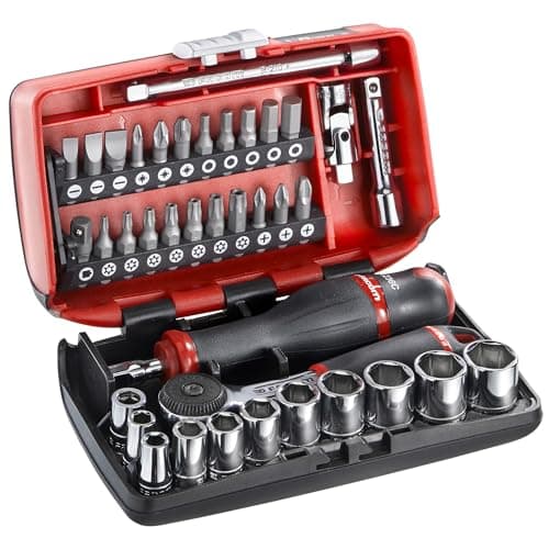 Image of FACOM - 1/4 Inch Metric 6-Point Socket Set and Bits - Complete Tool Set - 38 Pieces with Ratchet, Sockets, Extensions, Gimbal, Handles - Storage Box 6 - R2NANO