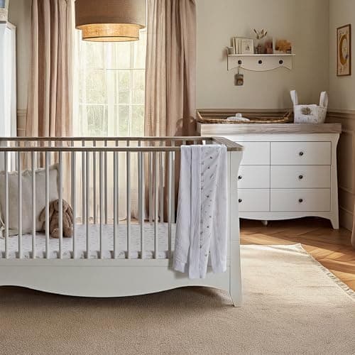 Image of CuddleCo Clara Luxe 2pc Nursery Furniture Set in White & Ash - Spacious 6 Drawer Dresser Changer, Convertible Cot Bed with 3 Mattress Positions - Perfect for Parents Creating a Calm, Balanced Nursery