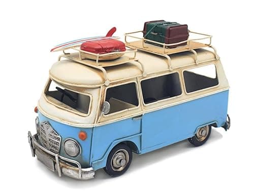 Image of Tamersgifts Metal Tin Vintage Collectible Models Classic Transport Cars Scooters Motorbikes Planes Trains Tractors (Blue Camper Van Tin Model)