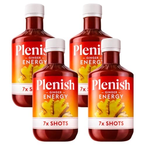 Image of Plenish Ginger Energy Shots Multipack 4 x 420ml Dosing Bottles | 28 Ginger Shots | 20mg Caffeine Per Energy Shot | Contains Vitamins B6, C & Iron | 100% Natural, Vegan & Gluten Free | No Preservatives