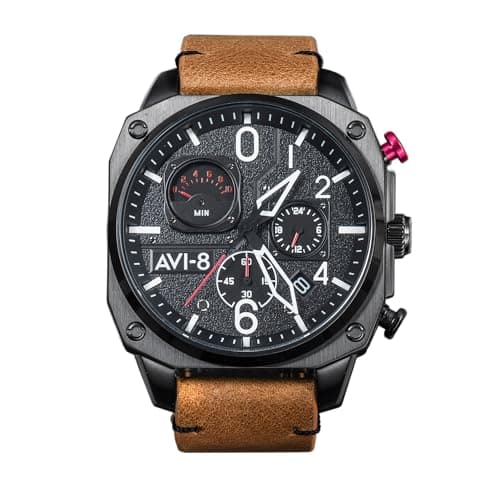 Image of AVI-8 Mens 45mm Hawker Hunter Retrograde Chronograph Charcoal Ember Brown Japanese Quartz Pilot Watch with Leather Strap AV-4052-02