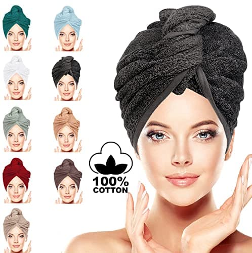 Image of LUXURY Hair Towel Wrap 100% Cotton, Instant Drying Lightweight Turban Cap Super Quick Absorbent Anti-Frizz Twist Toweling Dry Hat with Button Loop for Long Curly Hairs, 62CM x 23CM Charcoal Single