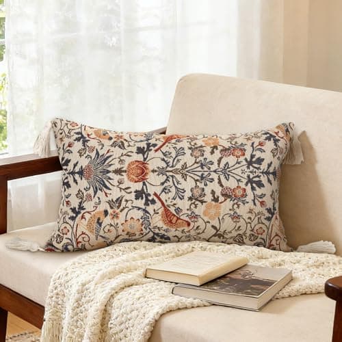 Image of Joymaison Spring Vintage Floral Bird Cushion Covers 30 x 50 Pack of 1 Summer Flower Soft Jacquard Square Throw Pillow Case Decorative Sofa Cushion with Invisible Zipper