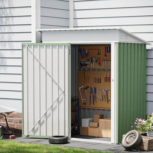 Image of UDPATIO Outdoor Garden Storage Metal Shed 5x3 FT for Firewood,Garbage Can,Tools,Lawnmower,Bike Shed Waterproof Log Store for Backyard Patio,Galvanized Steel with Lockable Door, Green