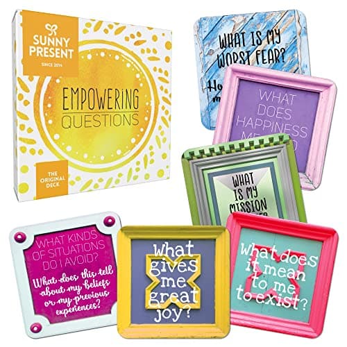 Image of Sunny Present Empowering Questions Cards - 52 Self Care Cards for self-reflection, journaling, meditation and therapy