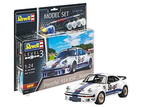Image of Revell Model Set 67685 Porsche 934 RSR Martini 1:24 Scale Unbuilt/Unpainted Plastic Model Kit with Contacta Professional Glue, Paintbrush & Selected Aqua Color Paints