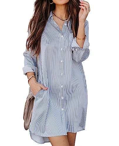 Image of MINTLIMIT Women's Casual Long Sleeve Button Down Shirt Dress Oversize Swimsuit Cover Up for Women 2024 Navy Stripe