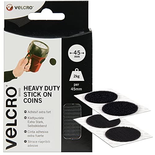 Image of VELCRO Brand, Heavy Duty Stick on Coins, Industrial Strength Hook & Loop Self Adhesive Sticky Coins Perfect for Room Décor & Home, Office, Garage Use, Black, 45mm x 45mm, Set of 6