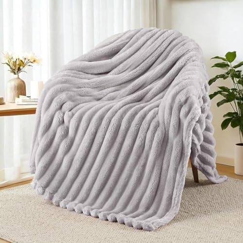 Image of Exclusivo Mezcla Fleece Throw Blanket for Sofa, Super Soft Striped Jacquard Bed Blanket, Lightweight Fuzzy Cozy for All Seasons, 127x152 CM, Light Grey