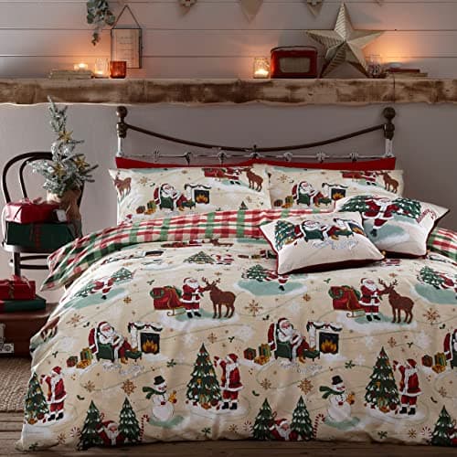 Image of furn. Jolly Santa Christmas Duvet Cover Set - Festive Bedding Holiday Décor (Cream/Red - King)