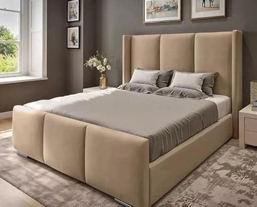 Image of AL SULTAN 5FT King Wingback Bed Frame With Winged Headboard Upholstered In Plush Velvet Beige Bed Wooden Slats - No Mattress - No Storage (Beige Plush, 5FT King Bed Frame Only)