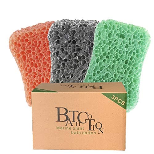 Image of Thilysha Bath Sponge 3 Pack for Shower, Exfoliating Body Sponge for Adults, Rich Lather Shower Scrubber, Quick Rinse Bath Sponges in Orange Grey Green, 14 x 9 x 3 cm