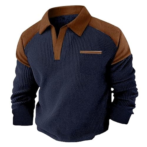 Image of Waffle Knit Henley Men Waffle Long Sleeve Men Thermal Knitted Collared Henley Polo Sweat Shirts Winter Cozy V Neck Pullover Work Big and Tall Tee Top Outdoor Corduroy T-Shirt Navy